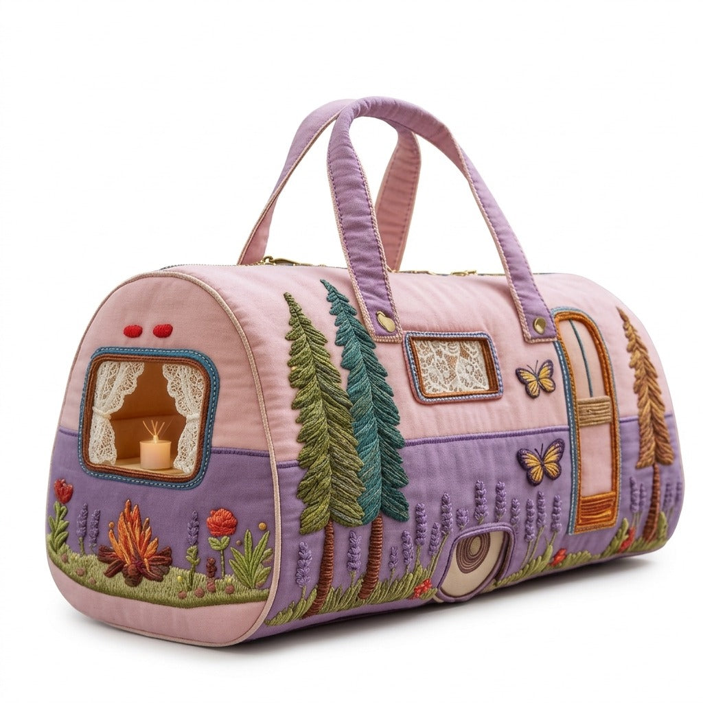 Camper Motif Quilted Travel Tote Bag with Zippered Top, Lavender Handles and 16 x 8 x 8-Inch Checkout Size