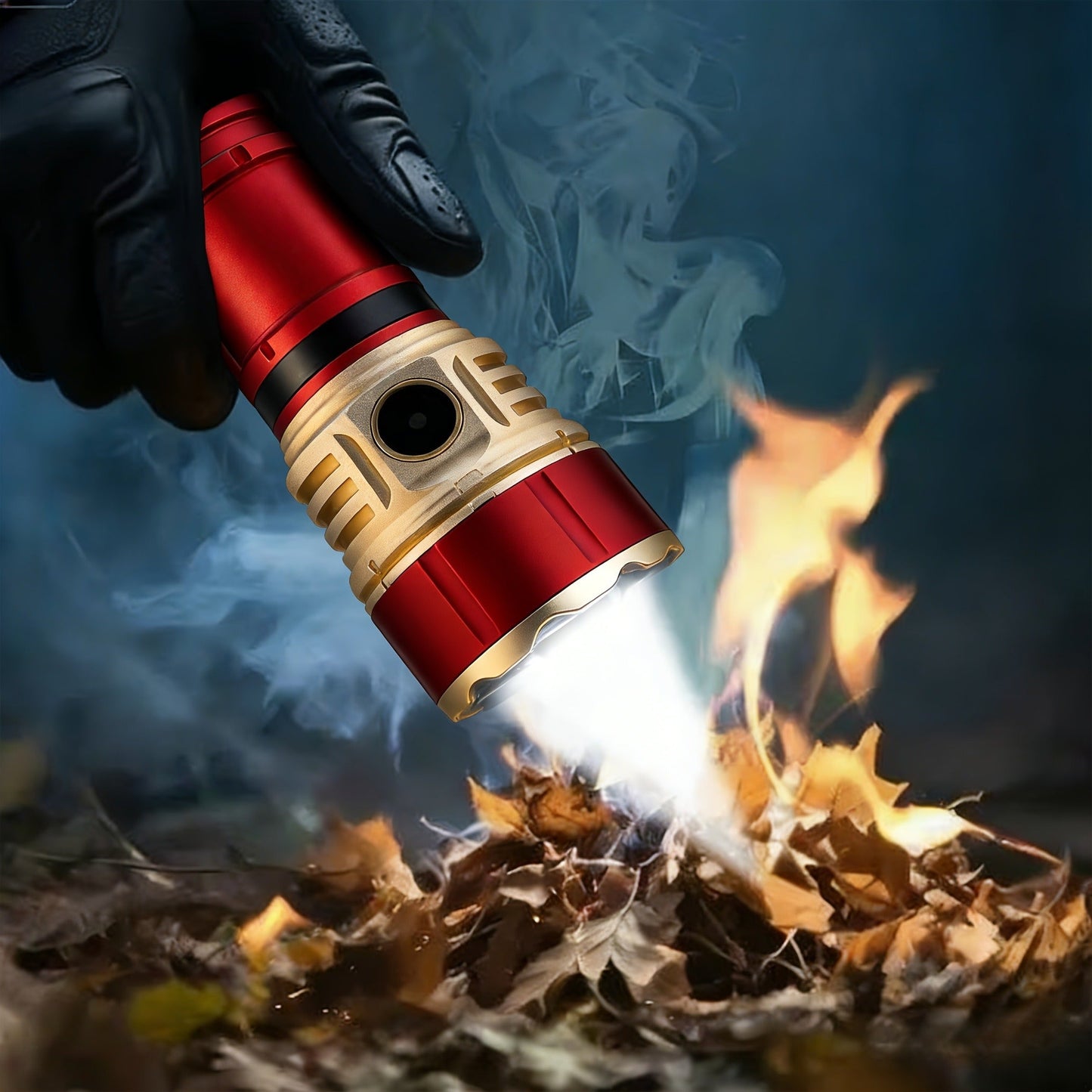 Flashlight Fresnel Lens Rechargeable Hand Torch with 21700 3500mAh Battery in Red Finish for Outdoor Use