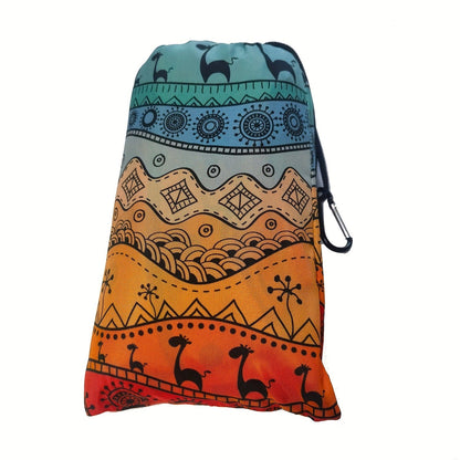 205 x 198cm Picnic Blanket with Orange, Aqua and Black Bohemian Animal Print and Matching Zip Carry Bag