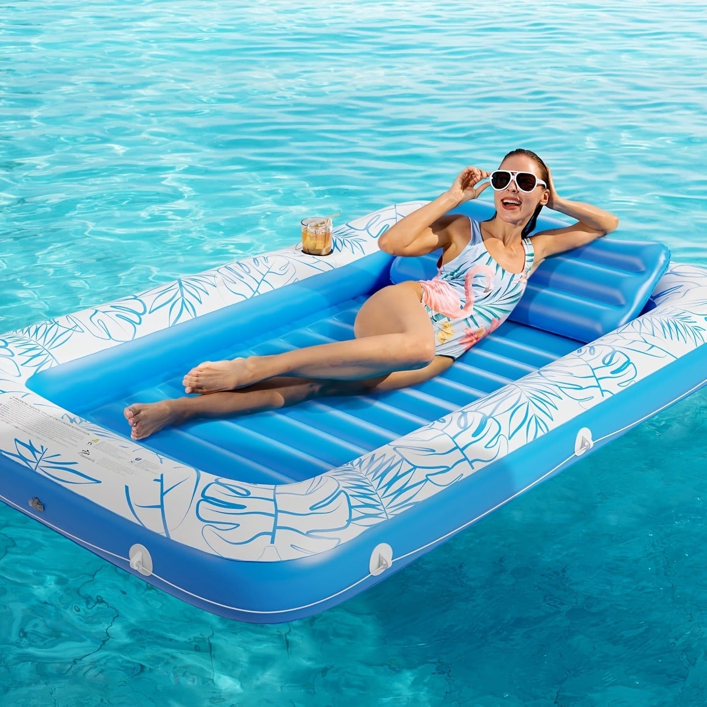 Tanning Pool Float 4-in-1 – Inflatable Sunbathing Lounger with Detachable Pillow, Cup Holder & Wrap Rope, Water-Filled Sun Tan Tub Raft for Adults, PVC
