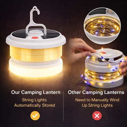 Solar Camping Lantern with Retractable 32.8ft String Lights, Six Modes, USB-C Port and Hand Crank