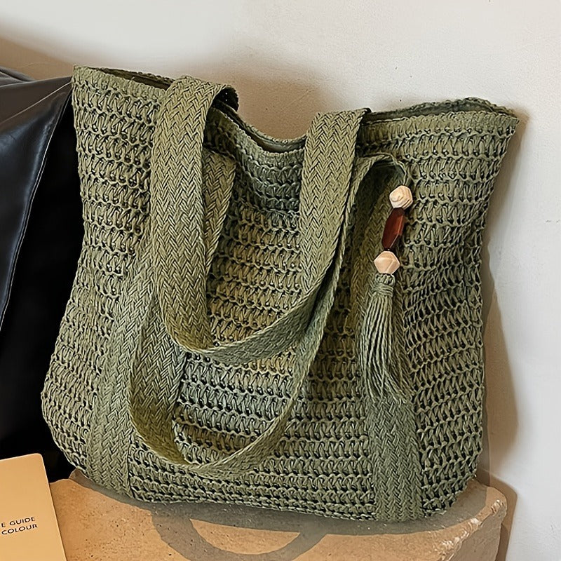 Straw Woven Tote Bag for Women Large Capacity Beach Bag Handwoven Shoulder Bag with Tassel Summer Vacation Travel Shopping Bag