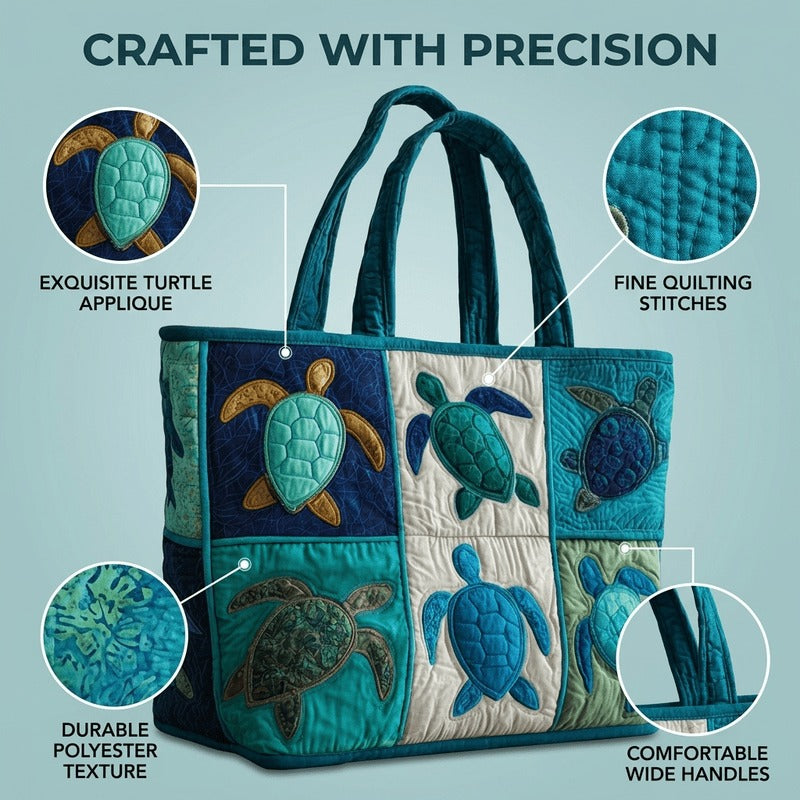 Sea Turtle Patchwork Tote Bag with Quilted Panels, Teal Handles and 17 x 15.75-Inch Checkout Size