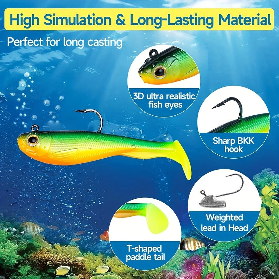 Fishing Lure Set 6-Piece Pre-Rigged Paddle-Tail Soft Swimbaits with Jig Hooks in 2.75 or 3.54-Inch Sizes