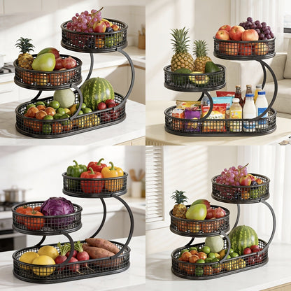Countertop Fruit Bowl 3-Tier Round Metal Wire Stand | Kitchen Storage Organizer for Fruits Vegetables Bread Snacks | Space-Saving Produce Rack