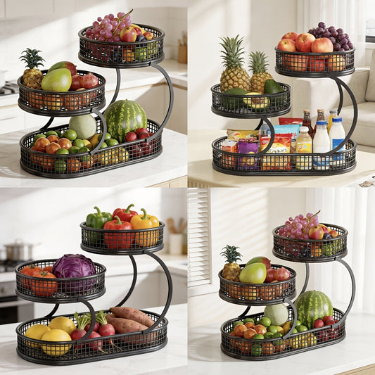 Countertop Fruit Bowl 3-Tier Round Metal Wire Stand | Kitchen Storage Organizer for Fruits Vegetables Bread Snacks | Space-Saving Produce Rack