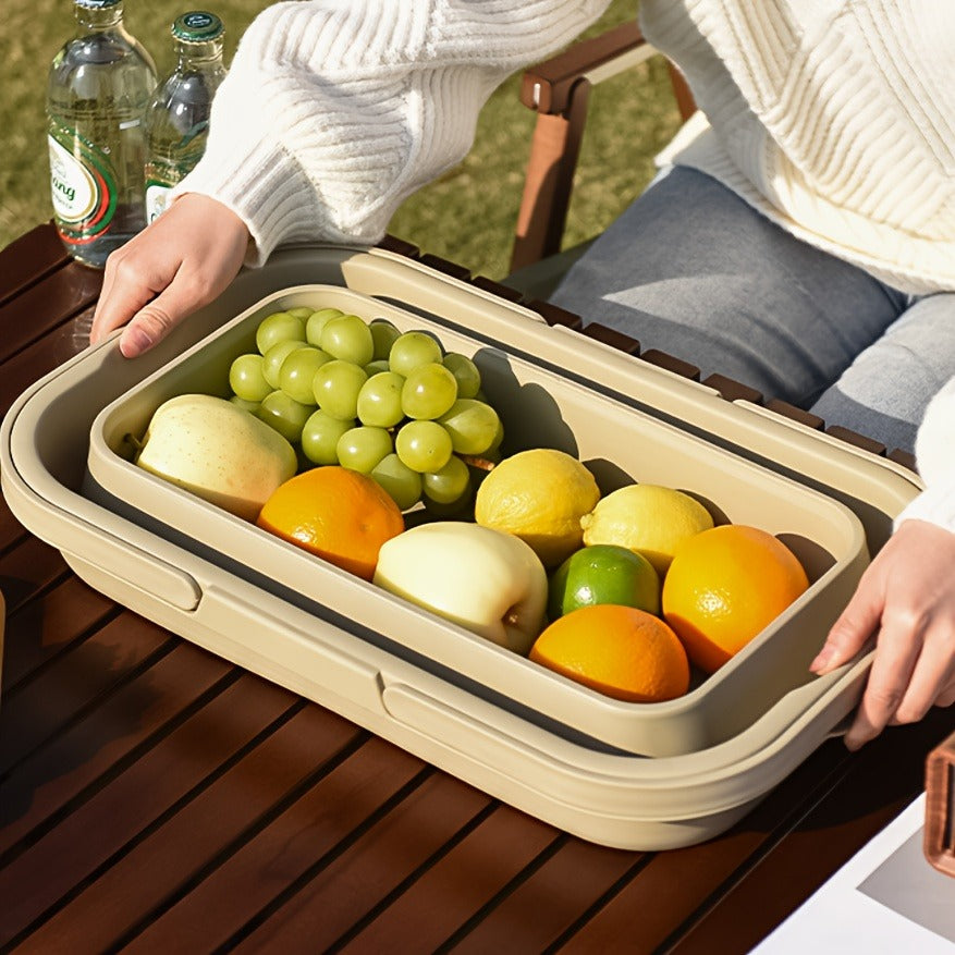 Picnic Basket Foldable with Detachable Table – Large Capacity Portable Camping Storage Basket with Handle, Multifunctional Outdoor Organizer Box for Hiking, Beach & Backyard, Green & Khaki