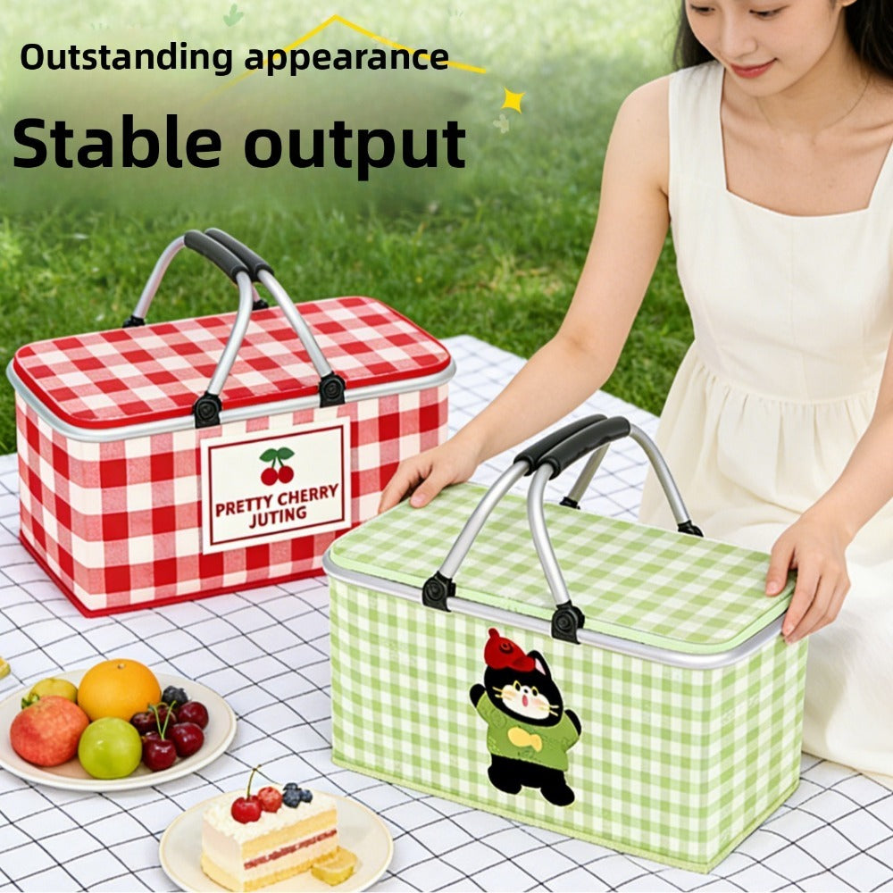 Aluminum-Frame Picnic Basket in Four Exact Fried-Egg, Kitten, Rabbit and Cherry Pattern Options