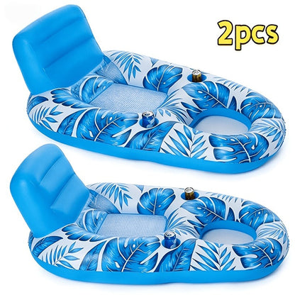Inflatable Pool Float Set of 2 – 59.1x36.2 Inch Portable Raft with Dual Cup Holders for Pool Beach Lake Outdoor Leisure, Blue & White Seaside Design