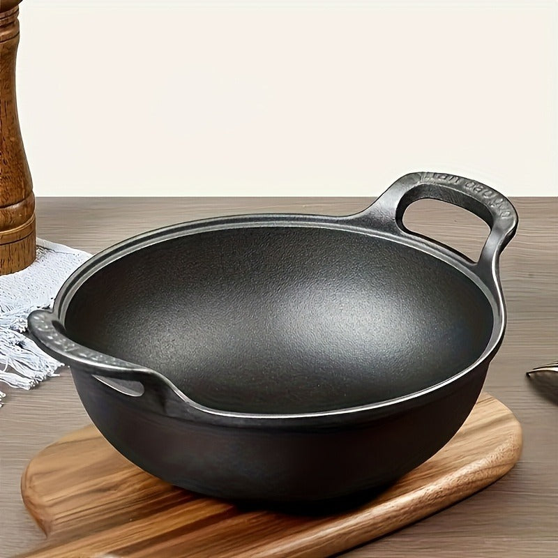 20cm Cast Iron Serving Pan with Dual Loop Handles, Rounded Deep Profile and Enamel Base Layer for Oven or Stovetop Use
