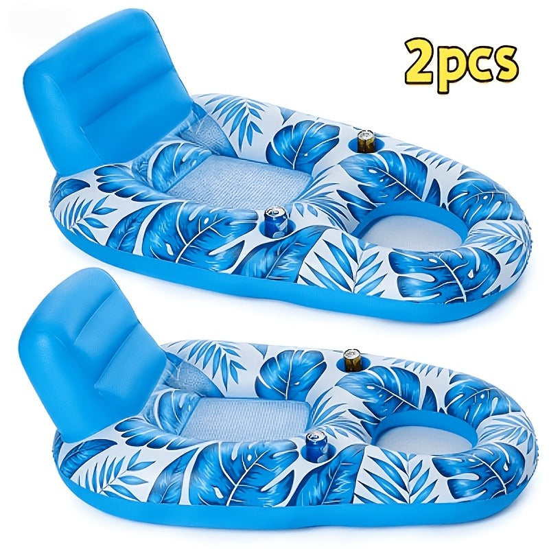 Inflatable Pool Float Set of 2 – 59.1x36.2 Inch Portable Raft with Dual Cup Holders for Pool Beach Lake Outdoor Leisure, Blue & White Seaside Design