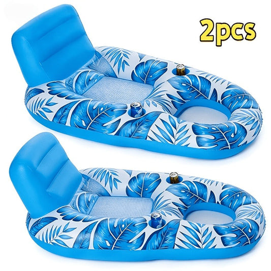 Inflatable Pool Float Set of 2 – 59.1x36.2 Inch Portable Raft with Dual Cup Holders for Pool Beach Lake Outdoor Leisure, Blue & White Seaside Design
