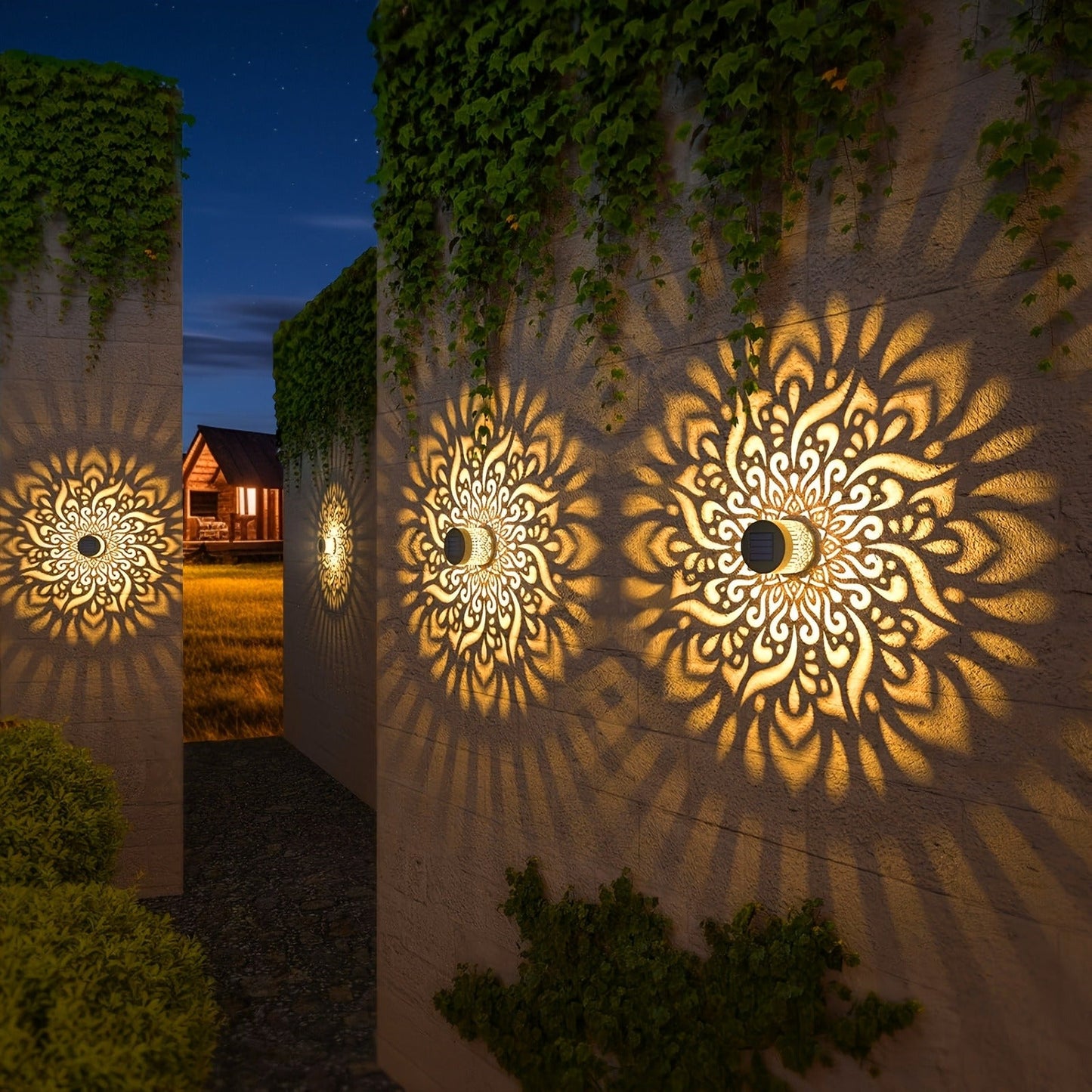 Solar Garden Lights IP65 Mandala Metal Wall Lanterns with Pattern Projection in 1/2/4 Packs for Fence Decor