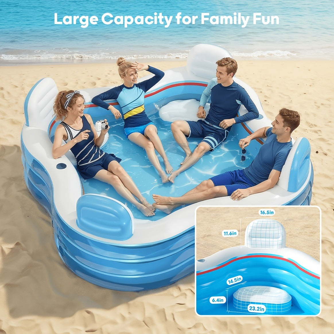 Inflatable Lounge Pool with Backrest 4 Seats 80x80x32 Inch Blow Up Pool for Adults Family Outdoor Garden Backyard Summer Water Party Portable