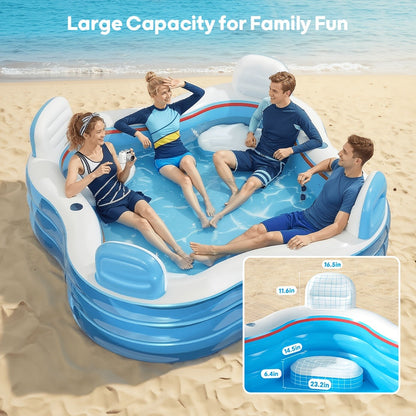 Inflatable Lounge Pool with Backrest 4 Seats 80x80x32 Inch Blow Up Pool for Adults Family Outdoor Garden Backyard Summer Water Party Portable