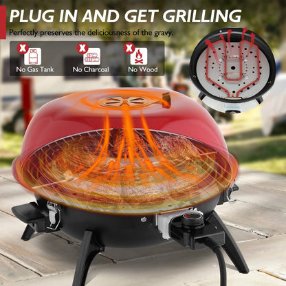 Electric BBQ Grill 1600W Indoor Outdoor Tabletop Grill with Lid Stainless Steel Heating Tube Chrome Grate Cool-Touch Handle