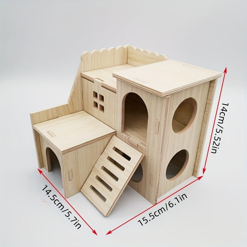 Hamster Cage Accessories 6-Piece Wooden Set - Running Wheel, Villa House, Swing, Nesting House for Hamsters Guinea Pigs Gerbils - Natural Wood Small Animal Habitat Enrichment Toys & Cage Supplies