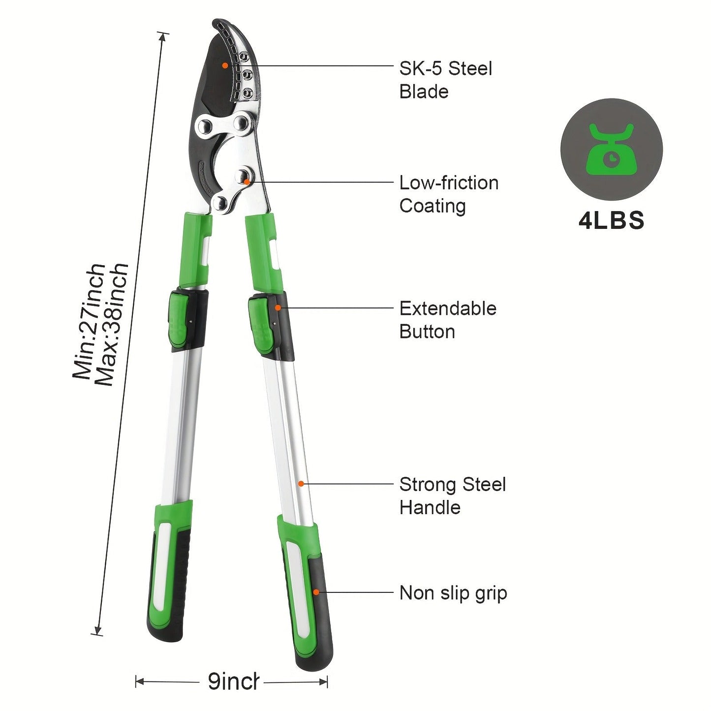 Extendable Manual Pruning Shears with Three Exact Orange and Green Blade-Length Checkout Options