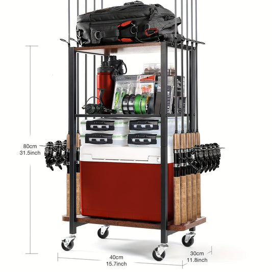 Rotating Fishing Rod Holder Rack Holds 10 Rods Tackle Storage Cart for Garage Floor Standing Pole Organizer Fishing Gear Storage for Men