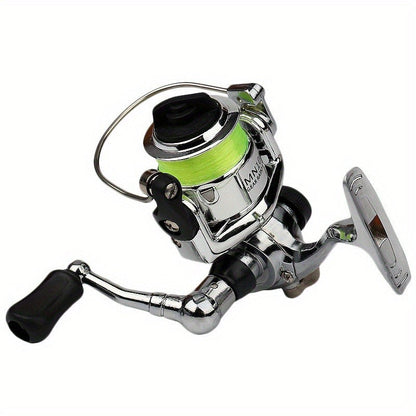 Mini Spinning Fishing Reel with Folding Handle, Green Line Spool and Compact 9 x 9 x 8 cm Profile