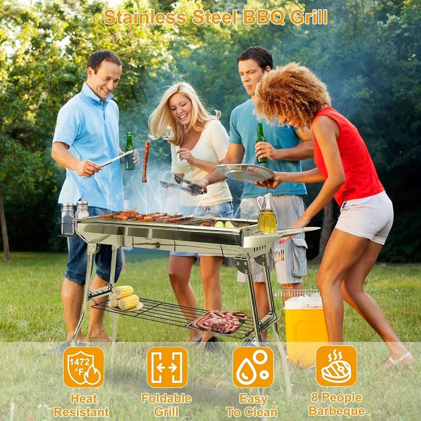 Folding Charcoal Grill with Stainless-Steel-Labeled Frame, Lower Shelf and Large or Extra-Large Package Options