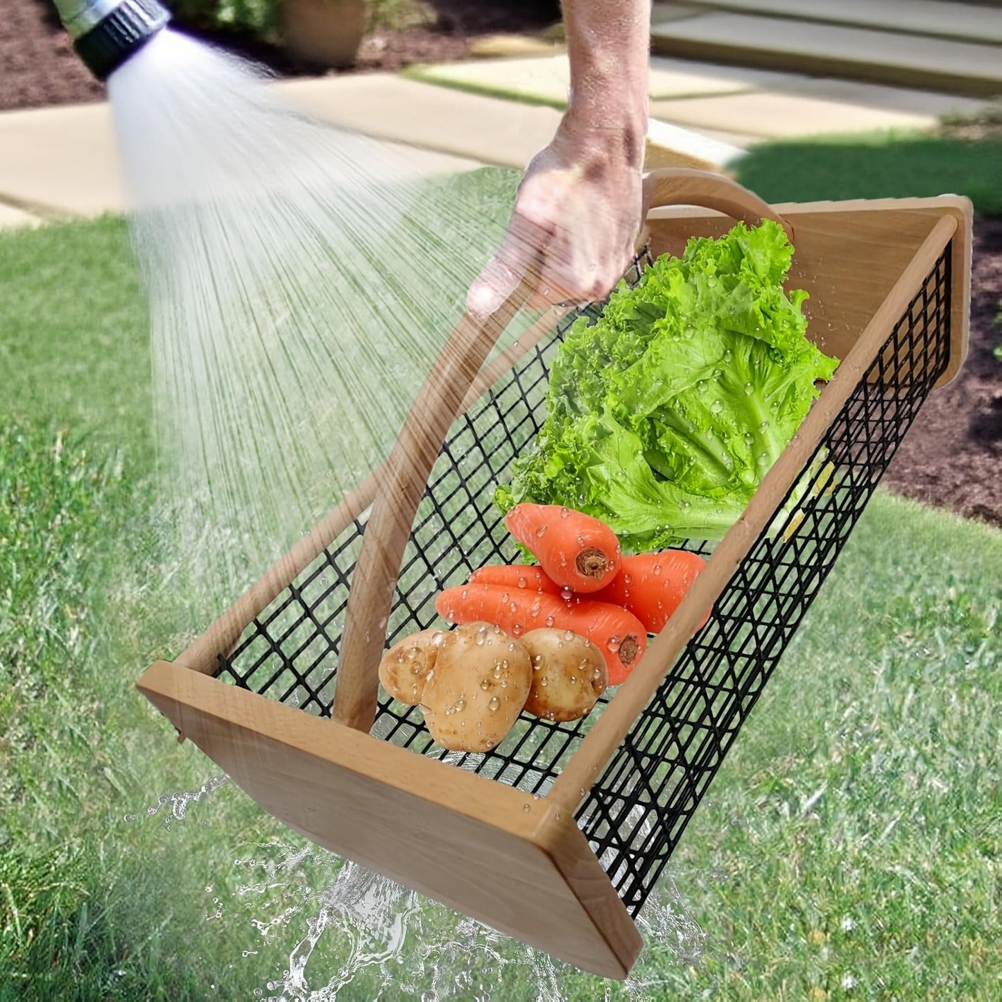 Garden Harvest Basket with Metal Mesh Body, Wooden Ends, Carry Handle and Small or Large Black Options