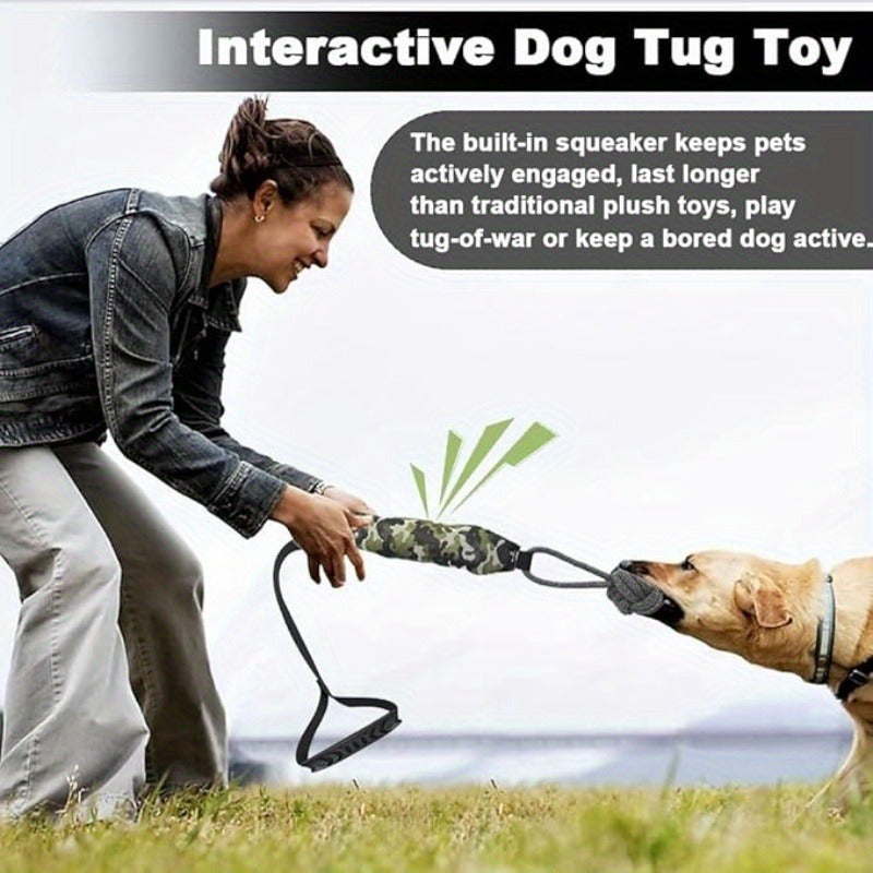 Dog Toy Rope Tug with Knotted Squeaky Ball in Camouflage, Corn, Eagle or Shark Designs for Larger Dogs