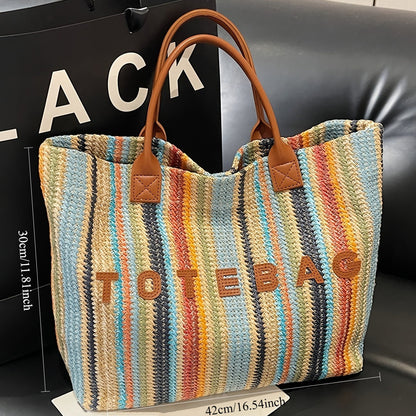 Striped Woven Tote Bag with Letter Detail, Open Top and Black, Green or Brown Handle Options