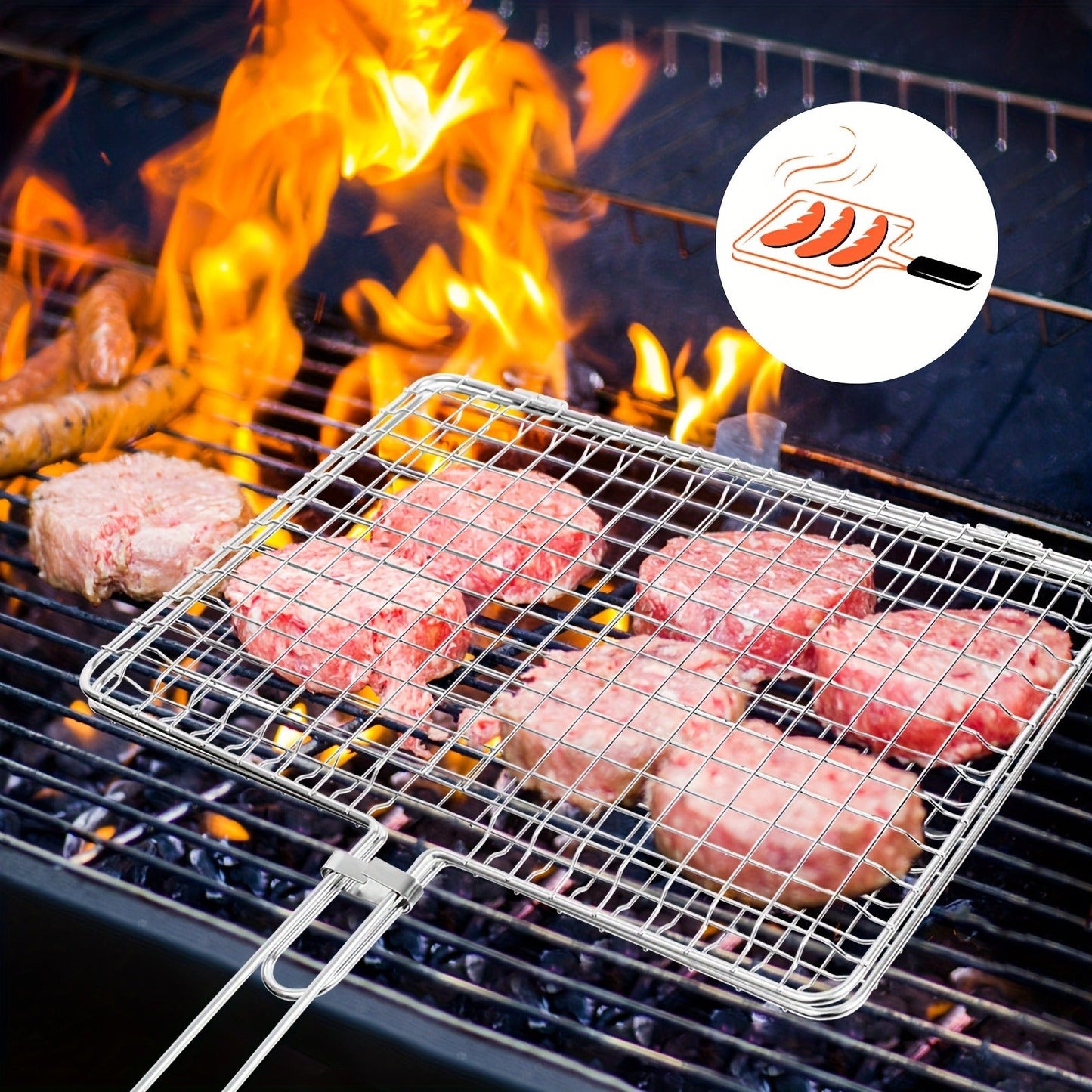 Grill Basket Stainless Steel Folding BBQ Grilling Basket for Fish Chicken Vegetables Shrimp Portable Outdoor Camping Barbecue Accessory 3 Sizes