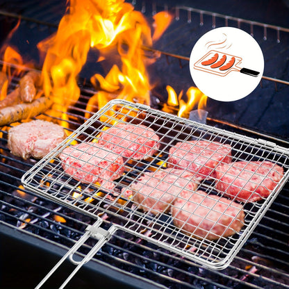 Grill Basket Stainless Steel Folding BBQ Grilling Basket for Fish Chicken Vegetables Shrimp Portable Outdoor Camping Barbecue Accessory 3 Sizes