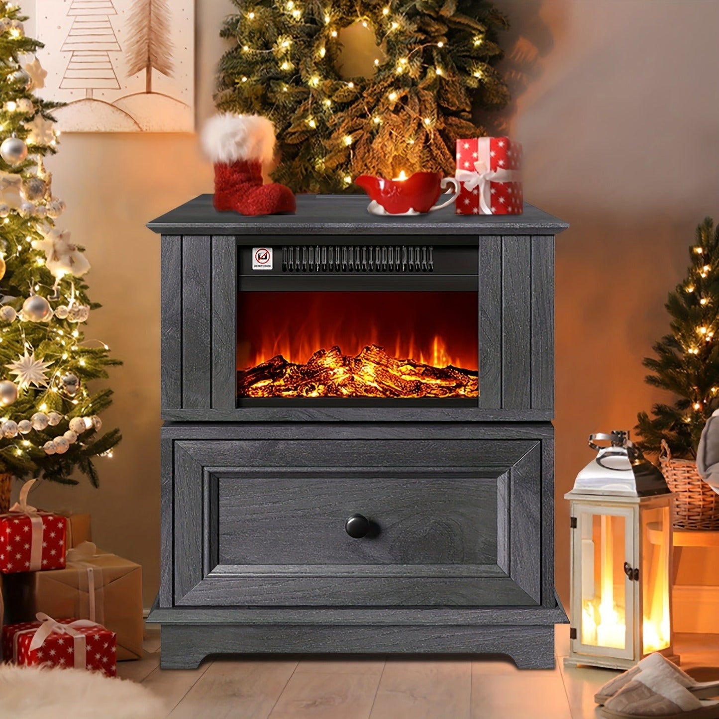 Electric Stove Heater End Table Rotatable Fireplace Side Table 1400W 4800 BTU Indoor Heater with Storage Cabinet Nightstand Overheat Protection