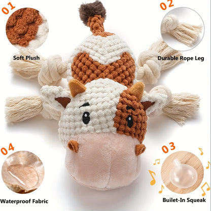 Dog Toy Cow Plush with Squeaker, Crinkle Paper, Woven Legs and Washable Construction for Multiple Dog Sizes