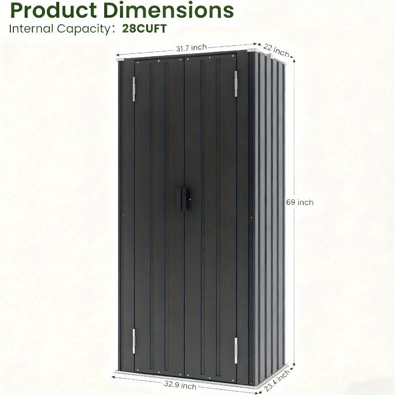 Metal Outdoor Storage Cabinets with Shelf-Equipped Tall or Low Models and 3 x 2 x 4.6 Ft Shed Option