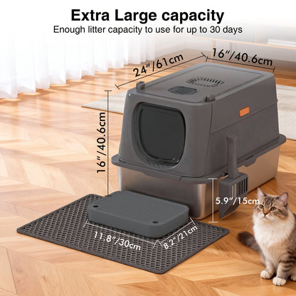 CITYLIFE Cat Litter Box with Stainless Steel Basin, Removable Enclosure, Flap Door, Top Entry, Step and Mat