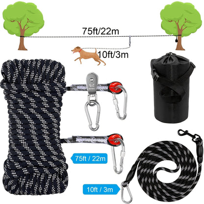Overhead Dog Trolley System 75ft - Heavy Duty Reflective Cable Runner, Supports Up to 200lbs, Portable Easy Setup for Yard, Park, Camping & Hiking, Black & Blue, Outdoor Dog Run