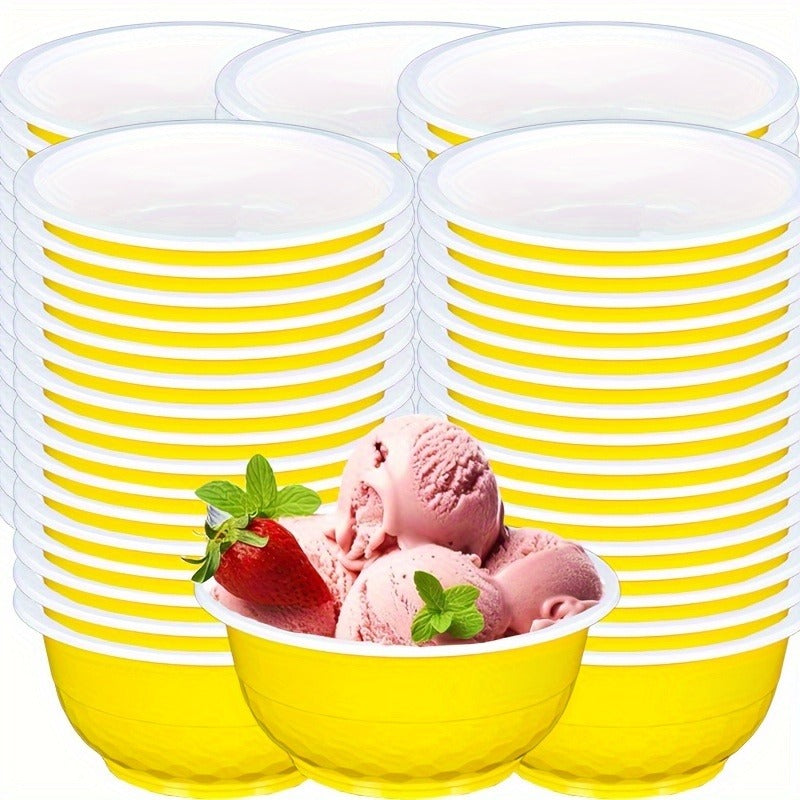 Striped 13-Ounce Disposable Plastic Serving Bowls with Side Handles, 120-Piece Red, Yellow or Green Packs