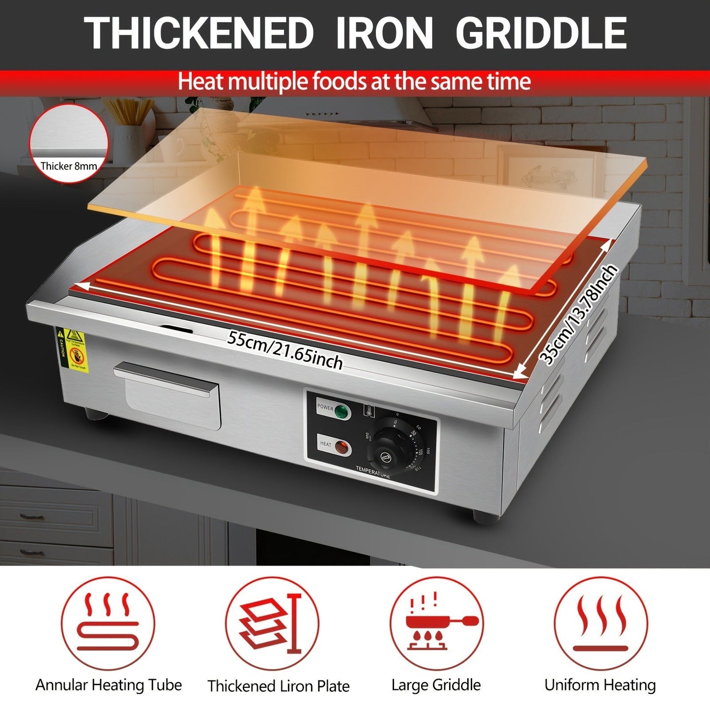 Flat Top Griddle 22 Inch 1600W Electric Countertop Teppanyaki Grill Non-Stick Stainless Steel Commercial Restaurant Griddle Adjustable Temp 50-300°C