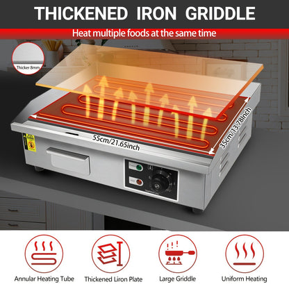 Flat Top Griddle 22 Inch 1600W Electric Countertop Teppanyaki Grill Non-Stick Stainless Steel Commercial Restaurant Griddle Adjustable Temp 50-300°C