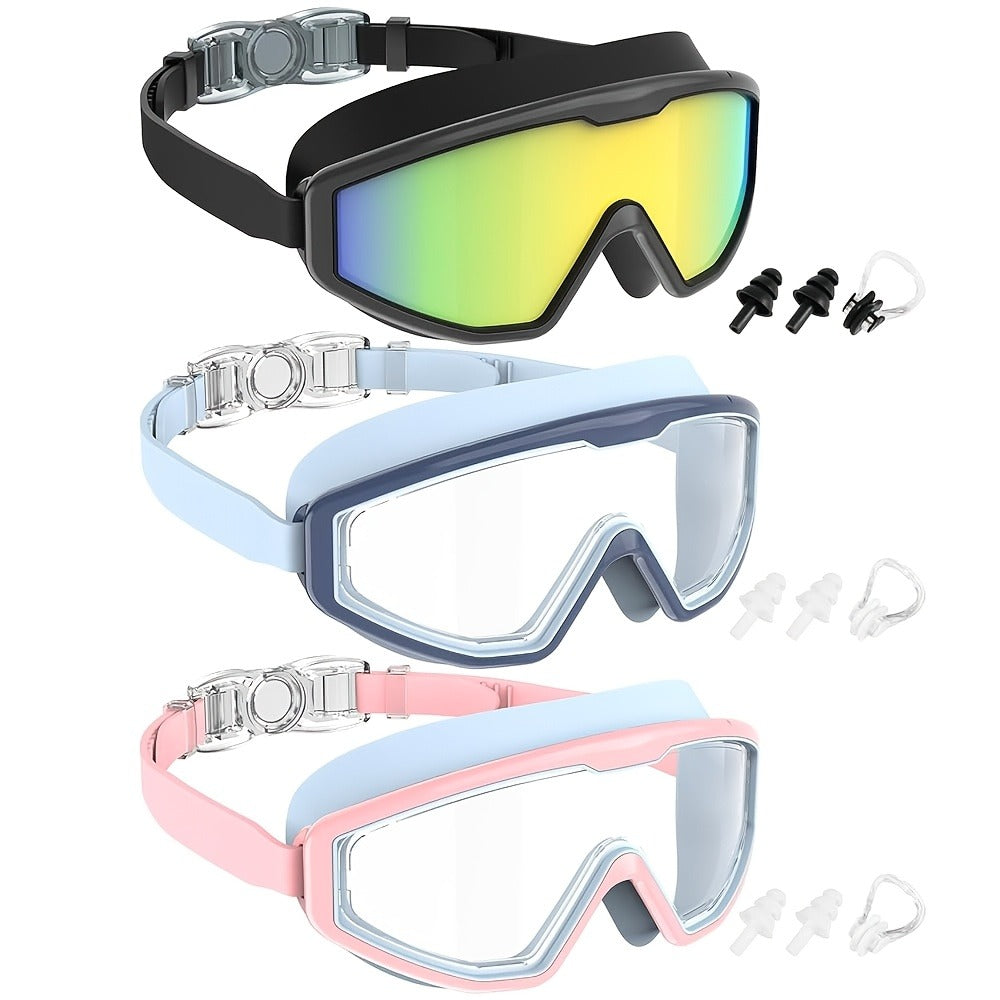 Three-Pair Swimming Goggles Set with 6.1-Inch Frames, Adjustable Straps, Earplugs and Nose Clips in Models A, B or C