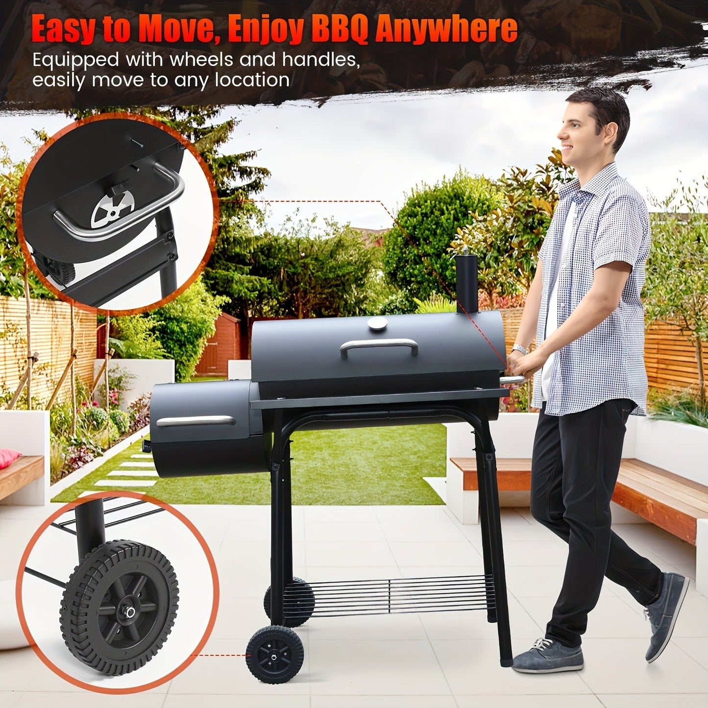 Charcoal Grill with Offset Smoker, Barrel BBQ Smoker Grill Combo for Backyard & Patio, Heavy-Duty Outdoor Charcoal Smoker with Side Firebox for Smoking, Grilling & BBQ Parties