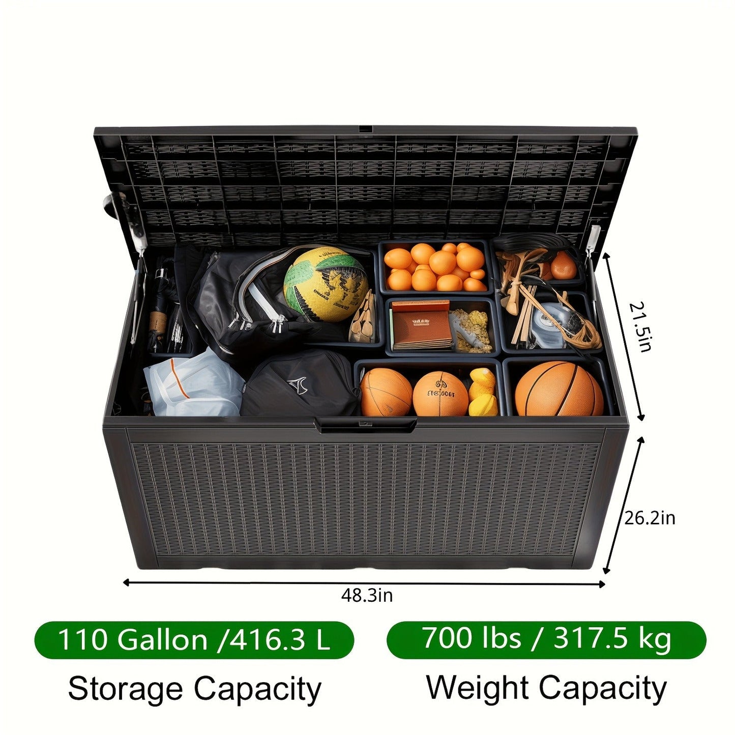 Large Gray Rattan-Look Outdoor Storage Box with 110-Gallon Pictured Capacity, Handles and Hinged Lid