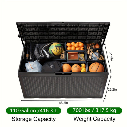 Large Gray Rattan-Look Outdoor Storage Box with 110-Gallon Pictured Capacity, Handles and Hinged Lid