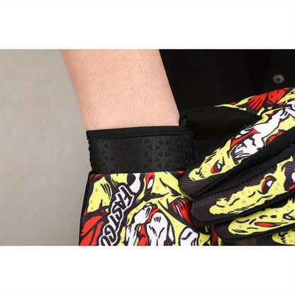 Printed Full-Finger Motocross Gloves with Black Palms, Wrist Closures, Blue or Yellow in M to XL