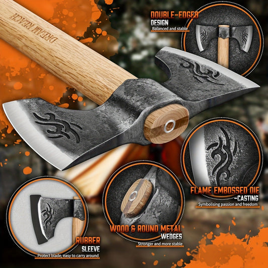 Viking Axe Set 2-Pack Hand Forged High-Carbon Steel 16-Inch Double-Sided Blade with Beech Wood Handle, Bushcraft Carving Axes for Chopping Wood, Camping and Gardening