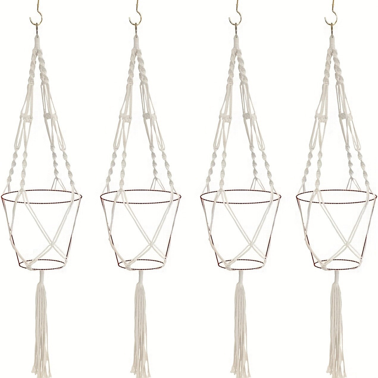 Four-Piece Macrame Plant Hanger Set in White, Black or Natural Rope with Woven Pot Holder Designs