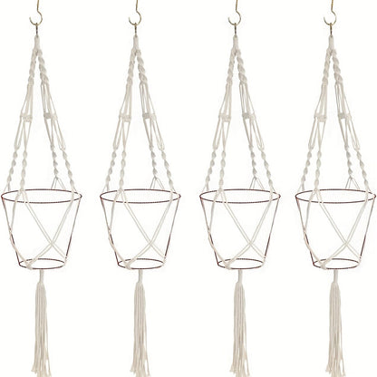 Four-Piece Macrame Plant Hanger Set in White, Black or Natural Rope with Woven Pot Holder Designs