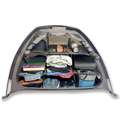 Curved-Top Nine-Shelf Camping Organizer in Brown or Gray with Zippered Front Flap and Folded Carry Form