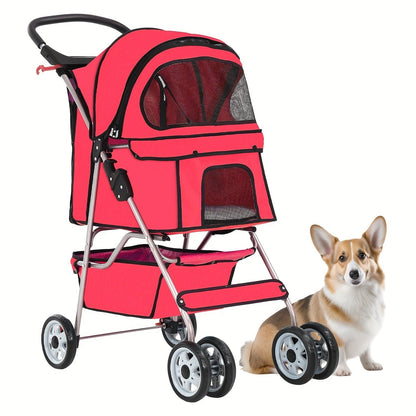 Four-Wheel Pet Stroller with Box Cabin, Wraparound Handle, Cup Tray, Lower Basket and Five Colors
