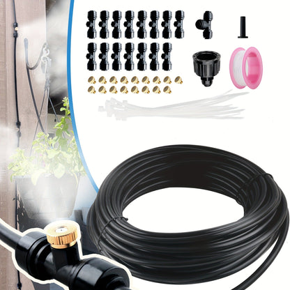 Expandable Garden Hose with Brass Mist Nozzles – Flexible Outdoor Misting Cooling System for Patio, Lawn & Greenhouse (20FT / 50FT / 80FT)