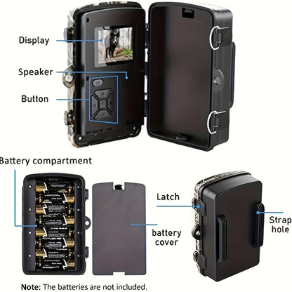 48MP 1296P Trail Camera with Infrared LEDs, Color Screen and Included 32GB Memory Card in Green Camo Housing